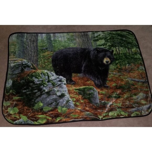 Black Bear Fleece Blanket Northwest Realm Lap Throw Forest Trees James Hautman - Picture 1 of 10